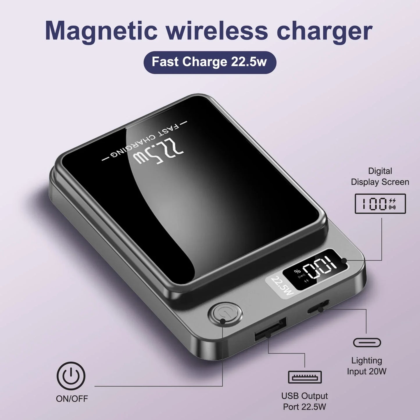 10000mAh Magnetic Wireless Power Bank 22.5W PD USB-C Foldable Stand LED Display – Magnetic Charger for Smartphones