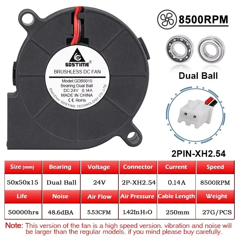 50mm (50x50x15mm) Brushless Dual-Ball Bearing Cooling Fan – 2-Pin/USB, 5V/12V/24V Turbo Blower for 3D Printers & Electronics