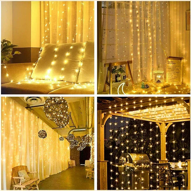 3 x 3m (9.8 x 9.8 ft) LED Curtain String Lights — 300 LED USB Remote, 8 Modes, IP65 Waterproof Fairy Lights for Home Wedding Christmas Party