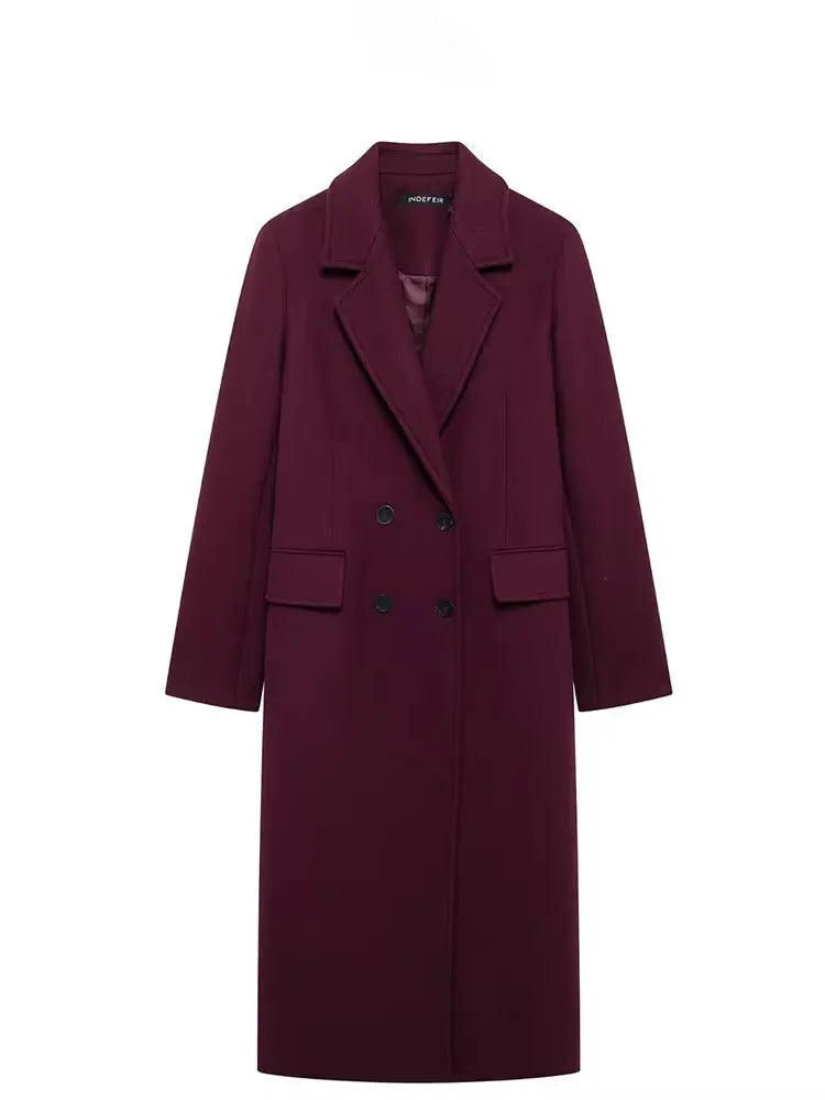 Women's Burgundy Double-Breasted Wool-Blend Coat - Long Sleeve Lapel Jacket, Autumn Winter Outerwear