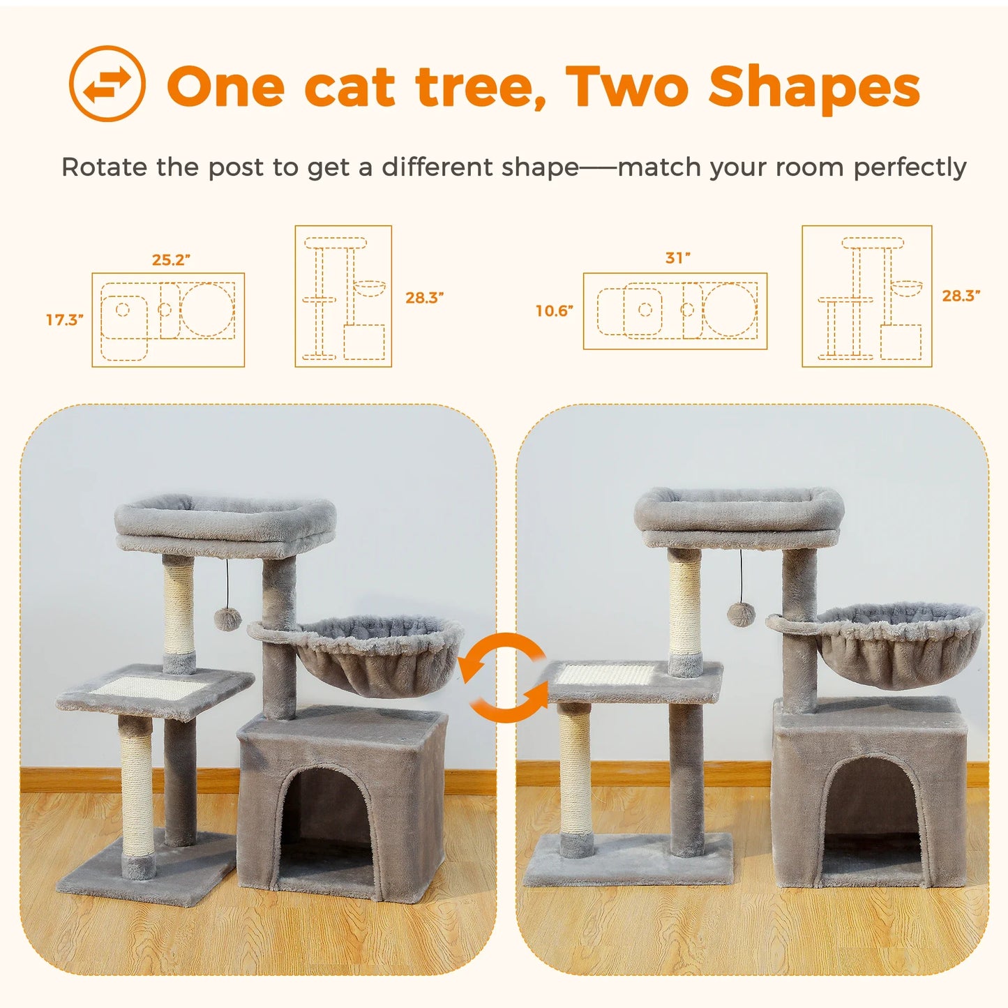 3-Tier Indoor Cat Tree Tower with Sisal Scratching Posts, Large Hammock & Removable Top Perch – Grey