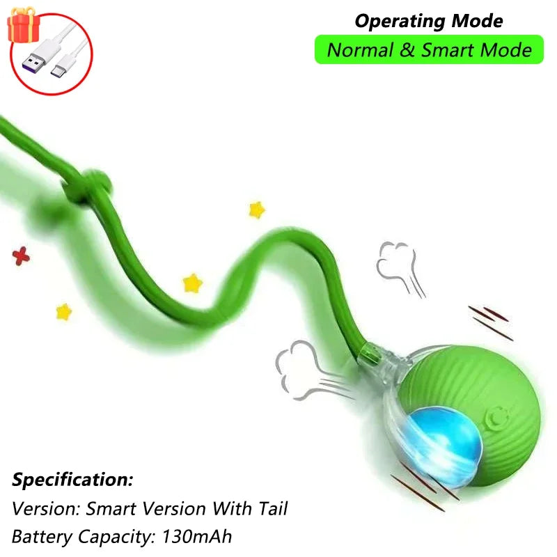 Rechargeable Interactive Cat Ball Toy — Automatic Rolling Smart Toy with Tail, LED & Obstacle Avoidance