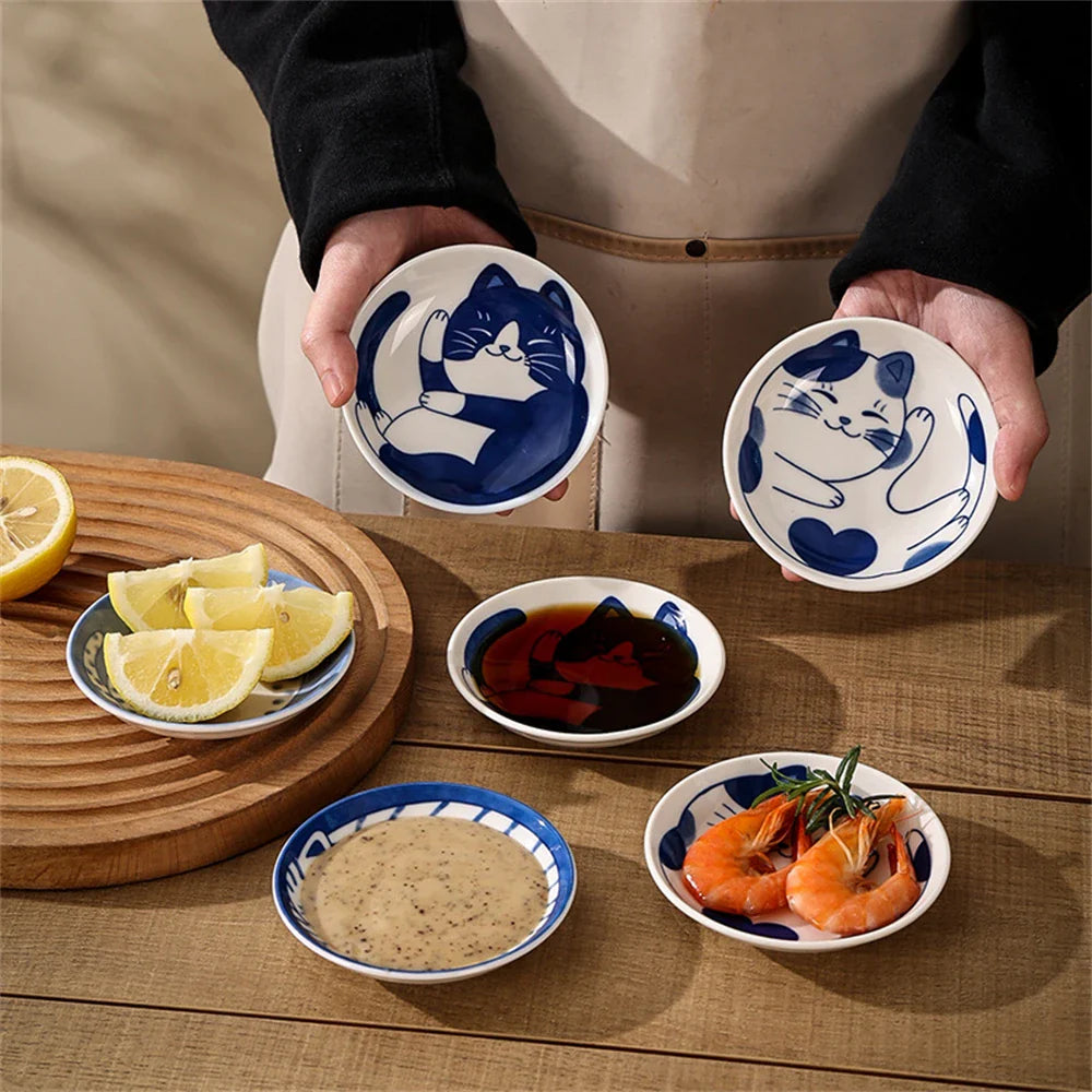 Japanese-Style Ceramic Lucky Cat Sauce Dish - Cute Dessert & Sushi Plate (1 or 4-Pack)