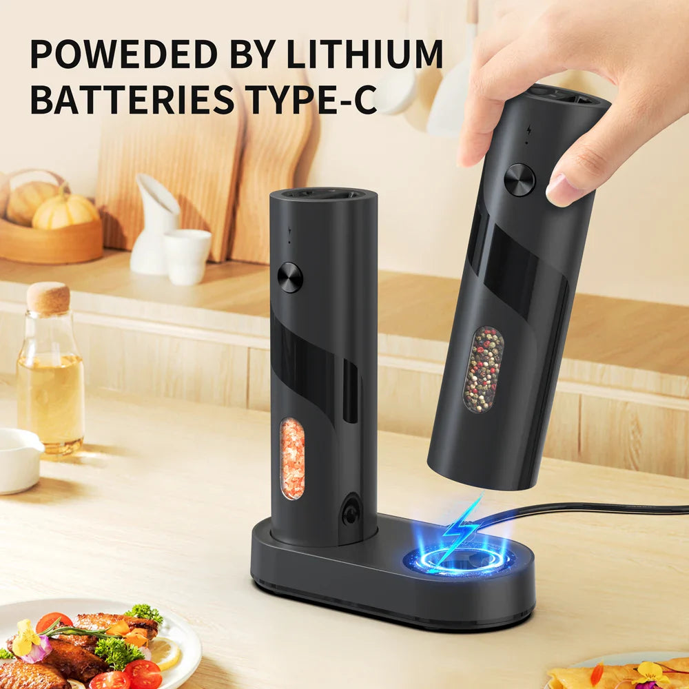 2-Pack USB Rechargeable Electric Salt and Pepper Grinder Set, Adjustable Coarseness, LED Light, Ceramic Core Top-Fill Spice Mills for Kitchen