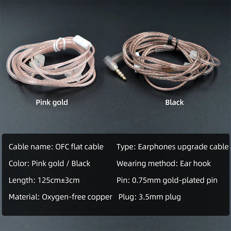 Oxygen-Free Copper (OFC) Flat 120cm Headphone Upgrade Cable — Replacement Cable for Detachable IEM Earphones