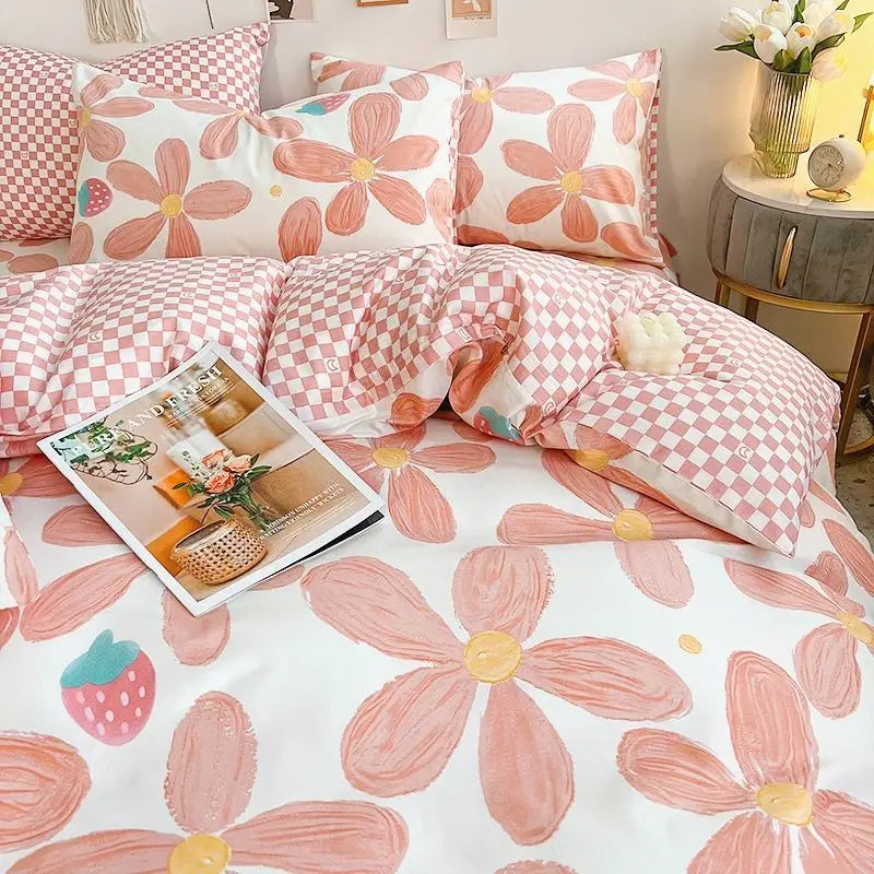 Pink Floral Brushed Microfiber Bedding Set Duvet Cover, Flat Sheet & Pillowcases (Twin/Full/Queen/King)
