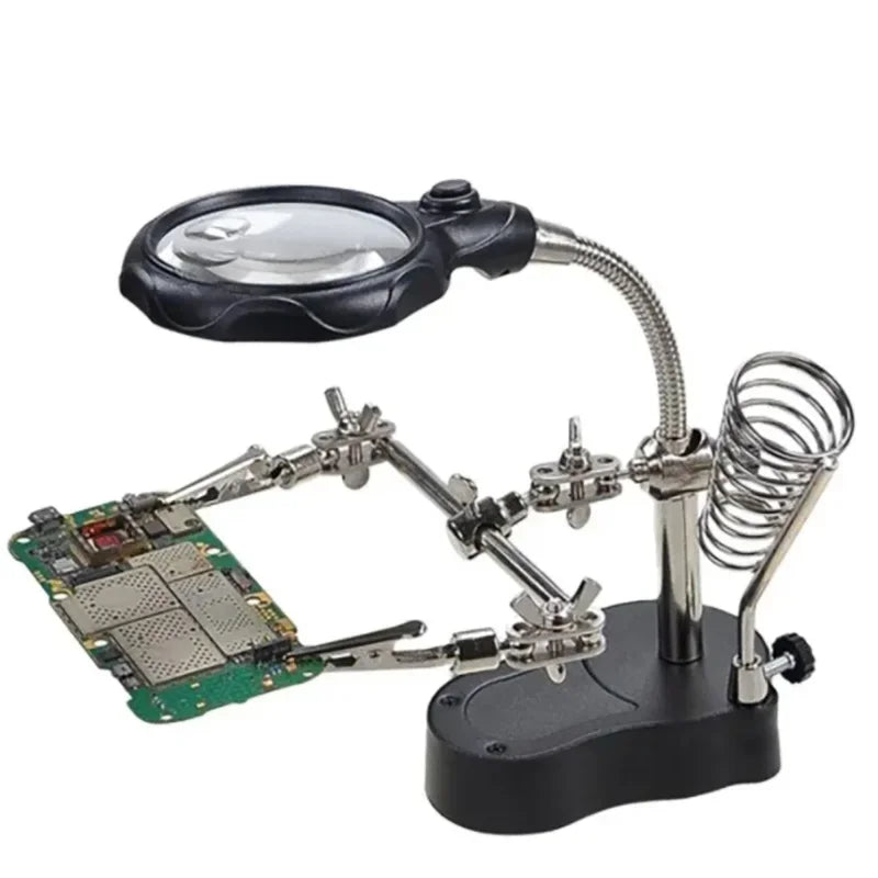 LED Clip Magnifier Helping Hand for Soldering and Circuit Board Repair 3.5x 12x Stand Holder