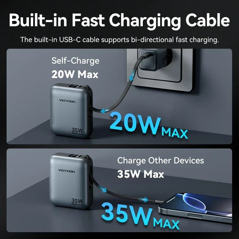 10000mAh 35W USB-C Power Bank with Built-In Cable & LED Display - Portable Fast Charger for iPhone, Android, MacBook Air