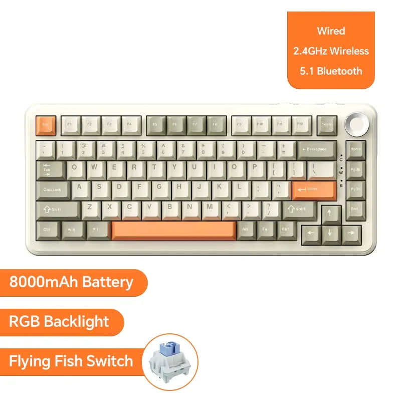 82-Key Hot-Swappable Mechanical Keyboard with Rotary Volume Knob, USB Wired & 2.4GHz Wireless, Monochrome Backlight