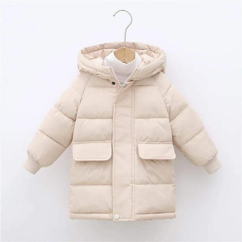 Kids Hooded Long Down Parka Coat - Warm Zippered Winter Jacket for Boys & Girls