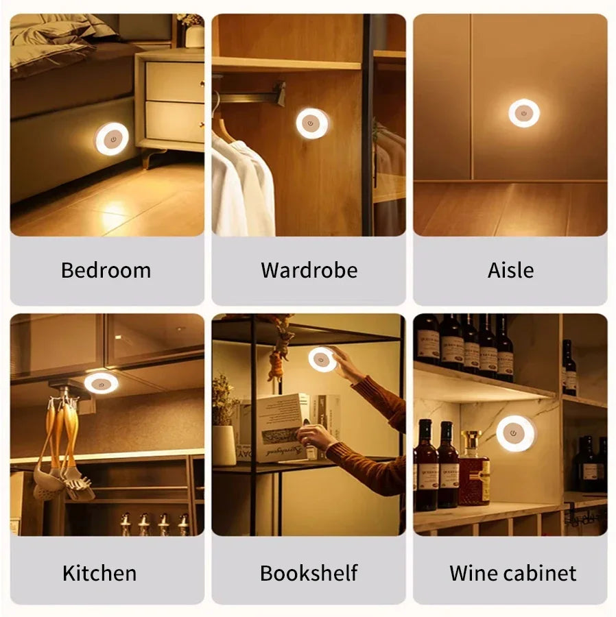 Rechargeable Round LED Touch Wall Lamp - Dimmable Magnetic Night Light for Bedroom, Closet & Reading
