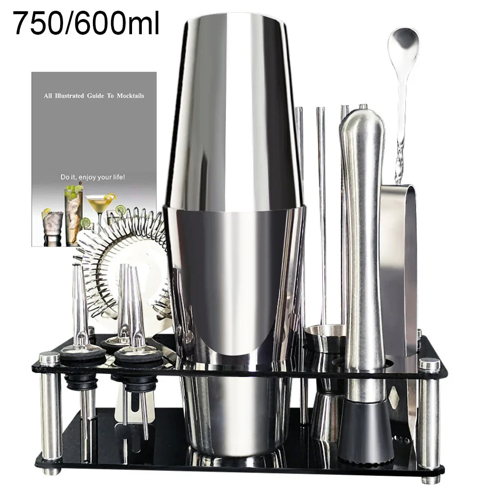 13-22 Pc Boston Cocktail Bar Tool Set – Stainless Steel Shakers 750ml/600ml with Acrylic Holder