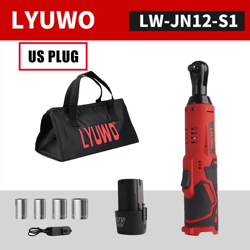 12V Cordless Right Angle Electric Wrench 45 Nm 3/8 in (9.5 mm) Ratchet Car Maintenance Tool with 4 Sockets
