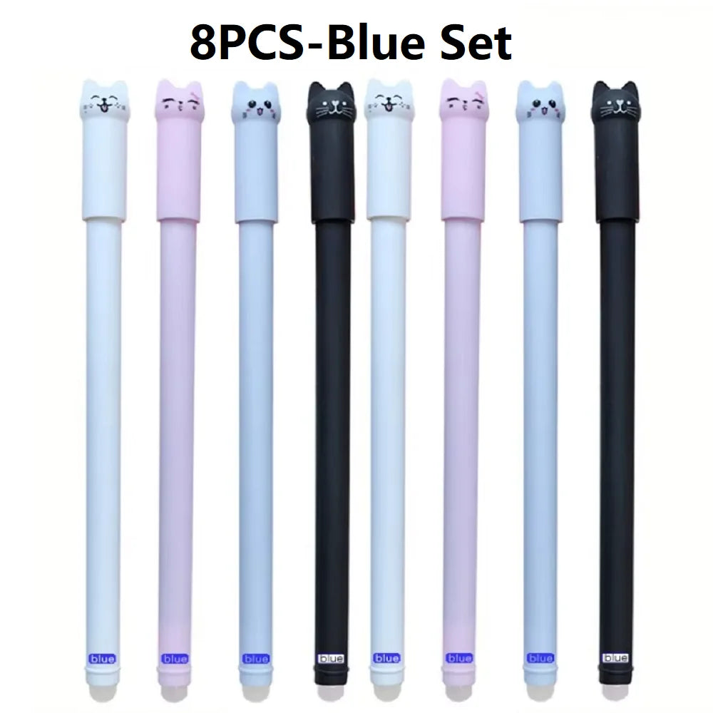 4/6/12-Pack Kawaii Cat Erasable Gel Pens 0.5mm Black & Blue Ink Refillable Cute School & Office Stationery