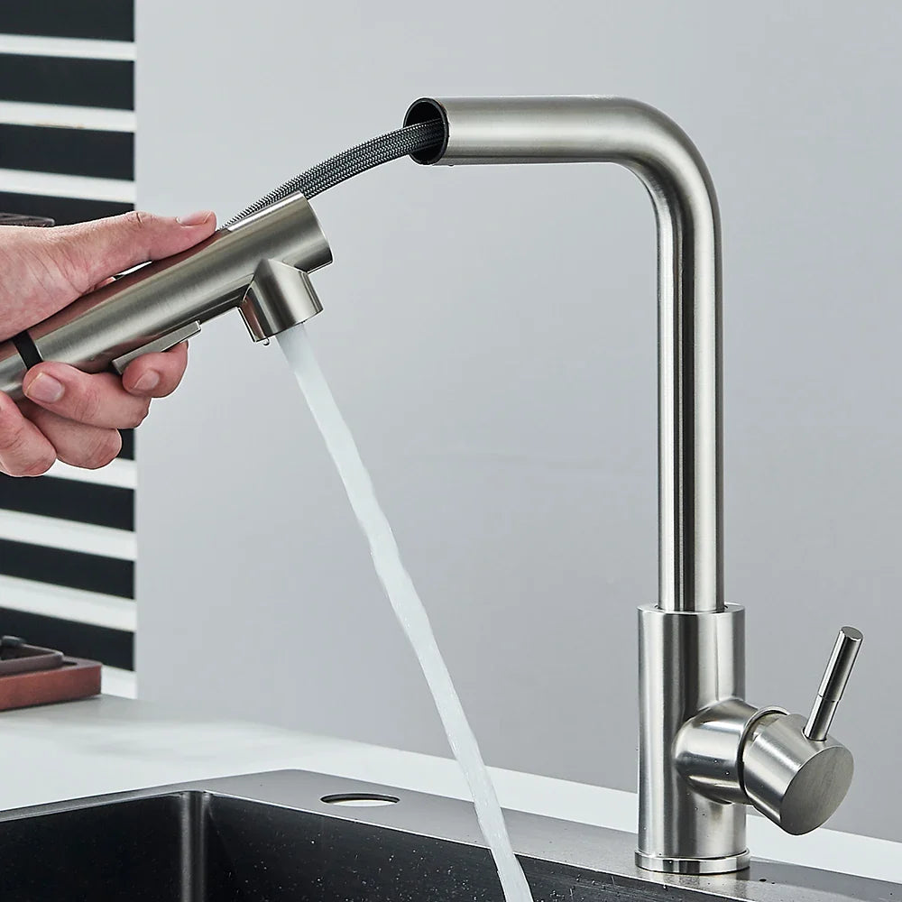 Pull-Out Kitchen Faucet Single-Handle Deck-Mount, High-Pressure Retractable Spout with Dual Spray Modes — Hot & Cold (Brushed Nickel / Matte Black)