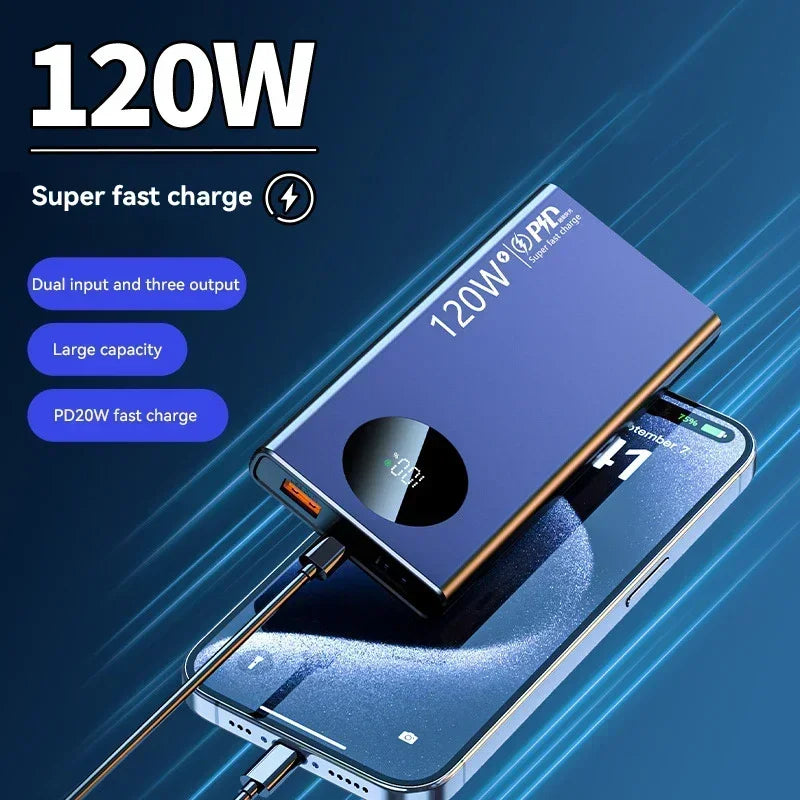 120W Fast Charging Power Bank — Portable Battery 10000/30000/50000mAh with Built-in Cable & LED Display