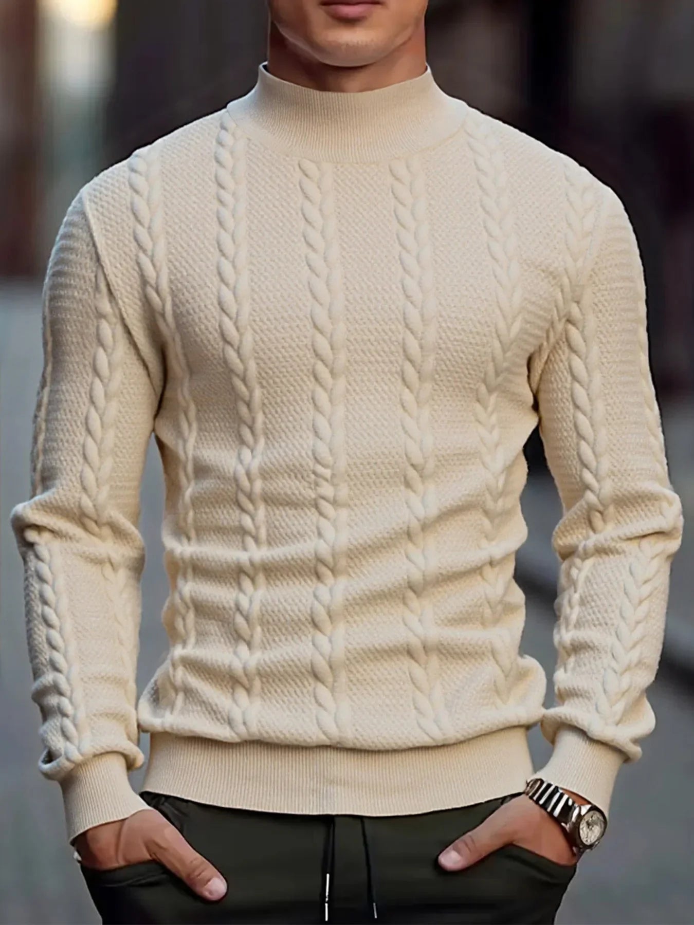 Men's High Collar Knit Sweater - Slim Fit Vintage Twist Turtleneck Pullover, Warm Winter Knitwear
