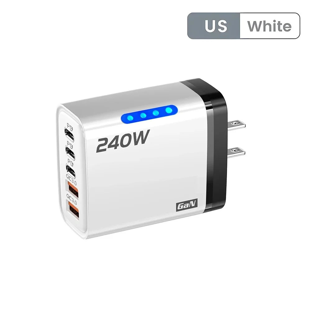 240W 5-Port USB-C PD Fast Charger GaN – Quick Charge 3.0 Adapter (3×Type-C + 2×USB-A)
