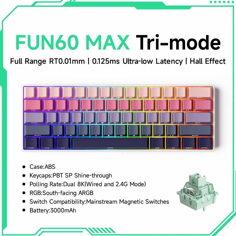 60% Magnetic Hot-Swappable Mechanical Keyboard — Tri-Mode USB-C / Bluetooth 5.0 / 2.4GHz, PBT Doubleshot Keycaps & ARGB Lighting