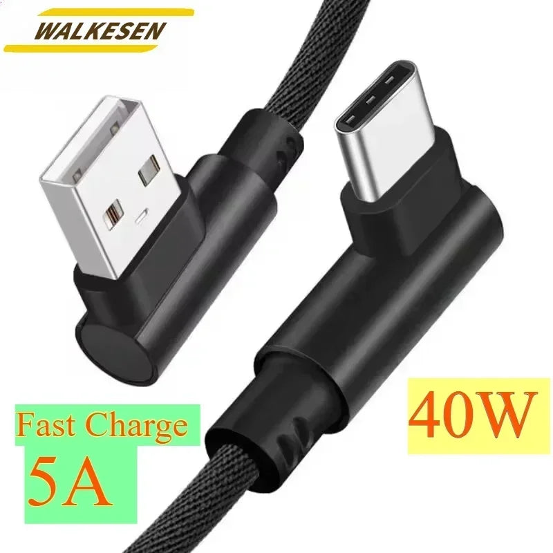40W 5A USB-A to USB-C Fast Charging Braided Right-Angle Cable — 90° Data & Phone Charger for iOS and Android Smartphones