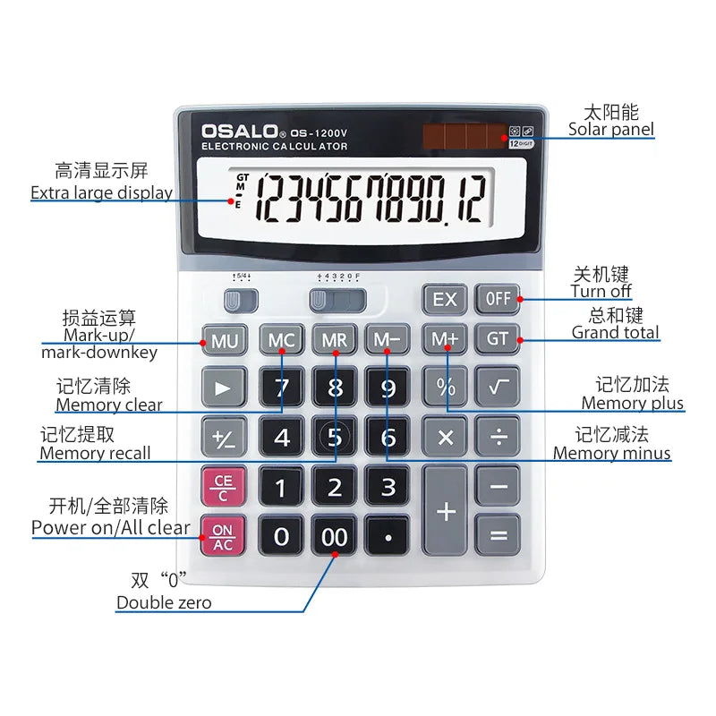 Solar & Battery 12-Digit ABS Calculator for Office, Students & Financial Use