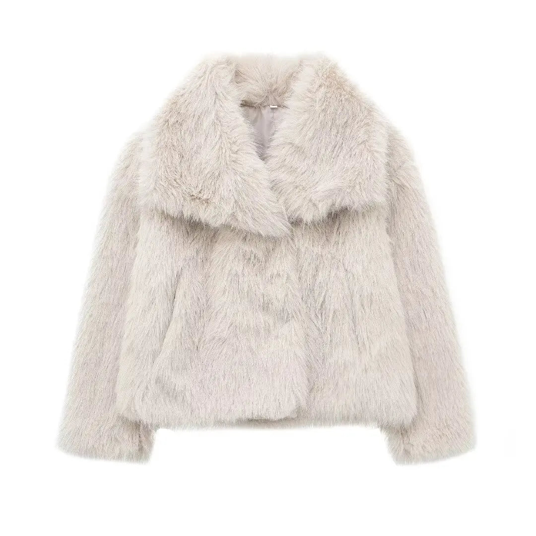 Cropped Faux Fur Jacket for Women – Long Sleeve Snap-Button Lapel Collar Thick Winter Coat