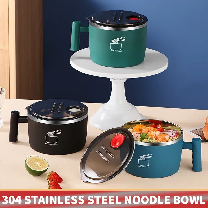 Double-Wall Stainless Steel Instant Noodle Bowl with Lid & Drain – 1L (1000 mL / 33.8 fl oz) Portable Insulated Bowl