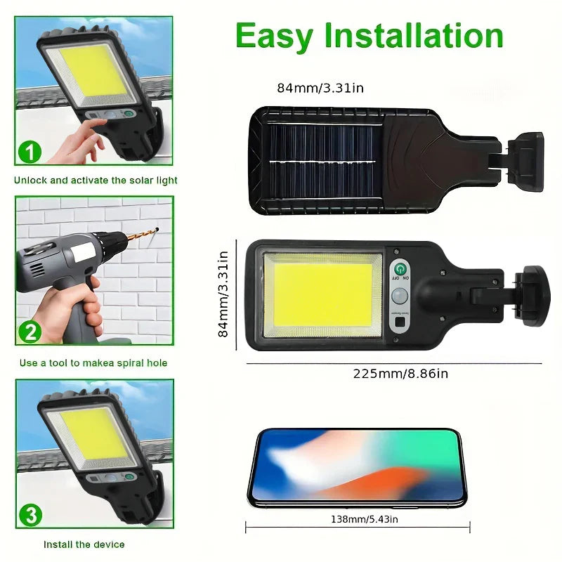 LED COB Solar Motion Sensor Wall Light – 3 Modes, Remote Control, IP65 Waterproof, 1500LM 1200mAh