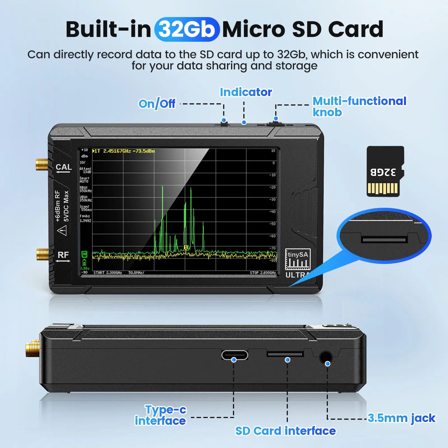 Handheld Spectrum Analyzer 4-inch (10.2 cm) Display 100 kHz–5.3 GHz with 32GB microSD, SMA Antenna & Network LAN Tester