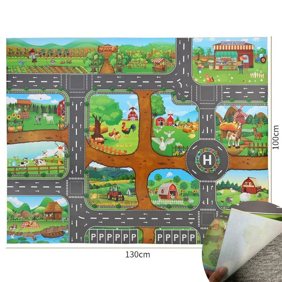 Kids Waterproof Playmat 39.4 x 51.2 in (100 x 130 cm) – Portable Foldable Road Map Play Rug with Farm, Animal & Dinosaur Design, Non-Toxic Toddler Activity Mat