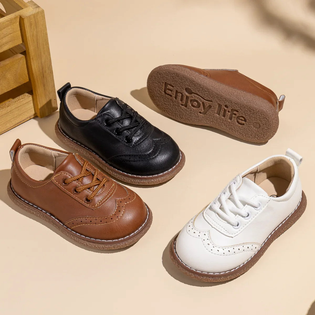 Kids Retro Leather Lace-Up Shoes – Breathable Anti-Slip Rubber Sole Flats (Ages 3–12)