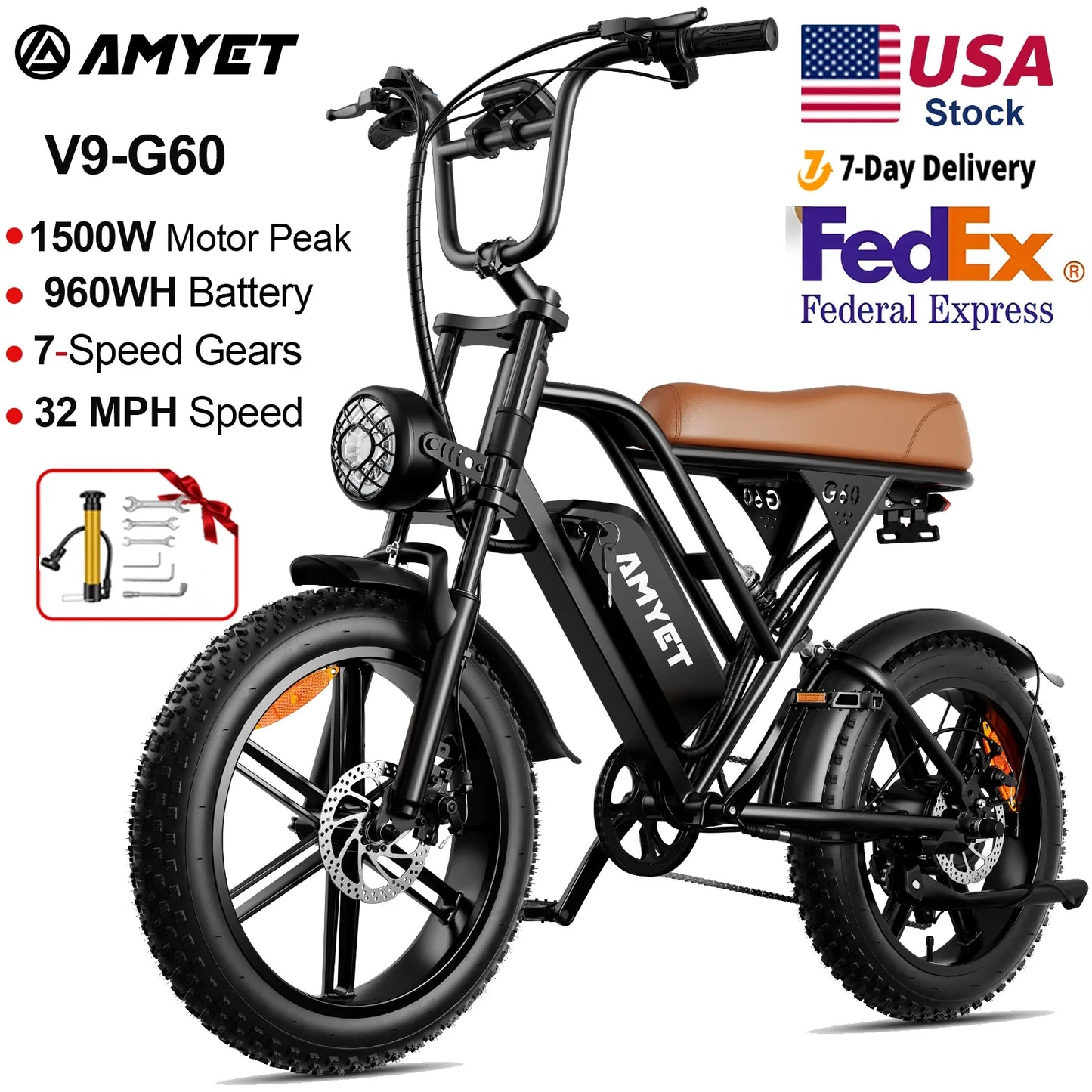 Electric Fat-Tire Bike 1000W (Peak 1500W) – 48V 20Ah Removable Battery, 20×4 in (50.8×10.16 cm) Wheels, 7-Speed, Dual Suspension