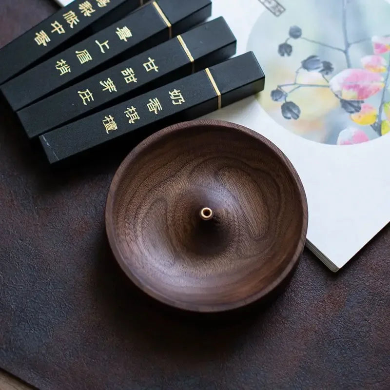Black Walnut Solid Wood Incense Burner - Handmade Round Incense Stick Holder & Agarwood Tray for Tea Ceremony Home Decor