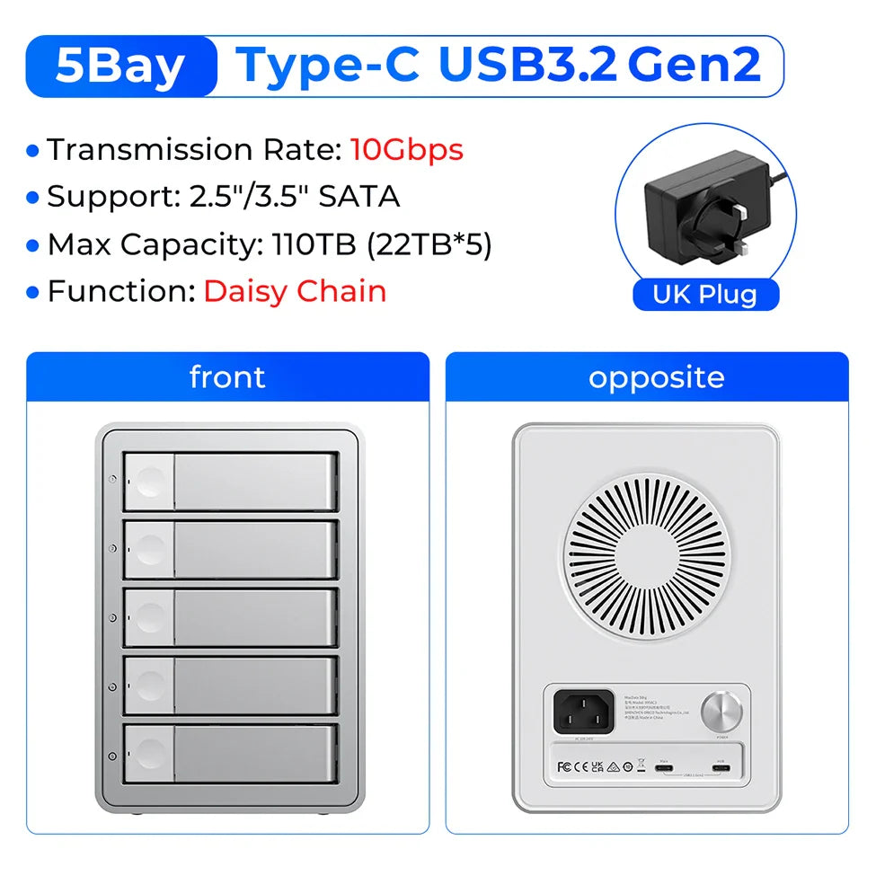 5-Bay 10Gbps SATA HDD & SSD Docking Station, 2.5"/3.5" USB 3.2 Gen2 Type-C Enclosure with Daisy Chain & 150W Power