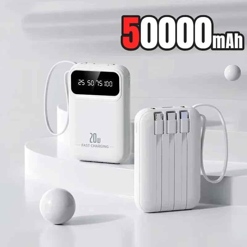 500000mAh Portable Power Bank 20W Fast Charge, Built-In 4 Cables, LED Light & Digital Display