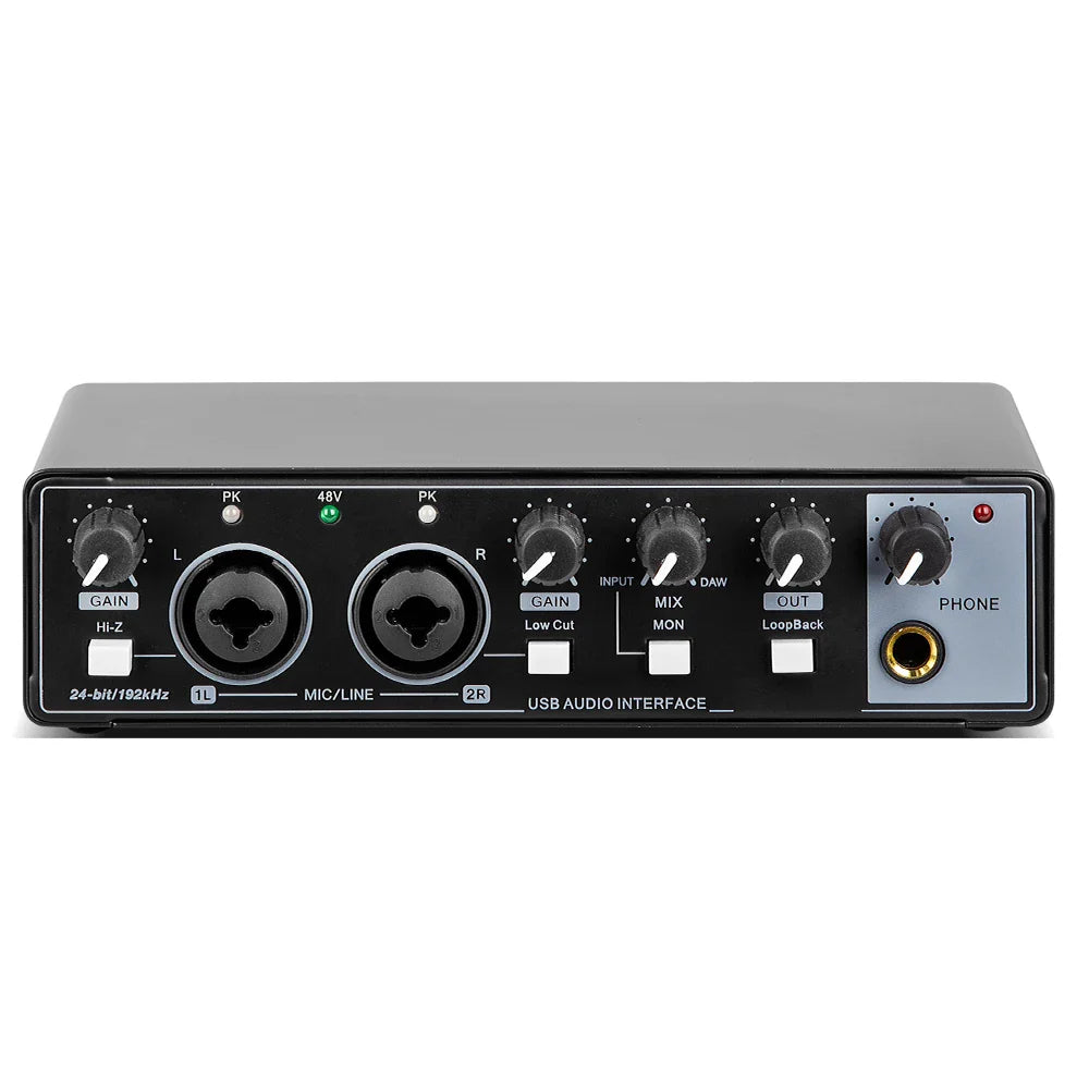 Portable 2-in-2-out USB Audio Interface 24-bit/192kHz with 48V Phantom Power, Loopback & Zero-Latency Monitoring for Guitar and Vocal Recording
