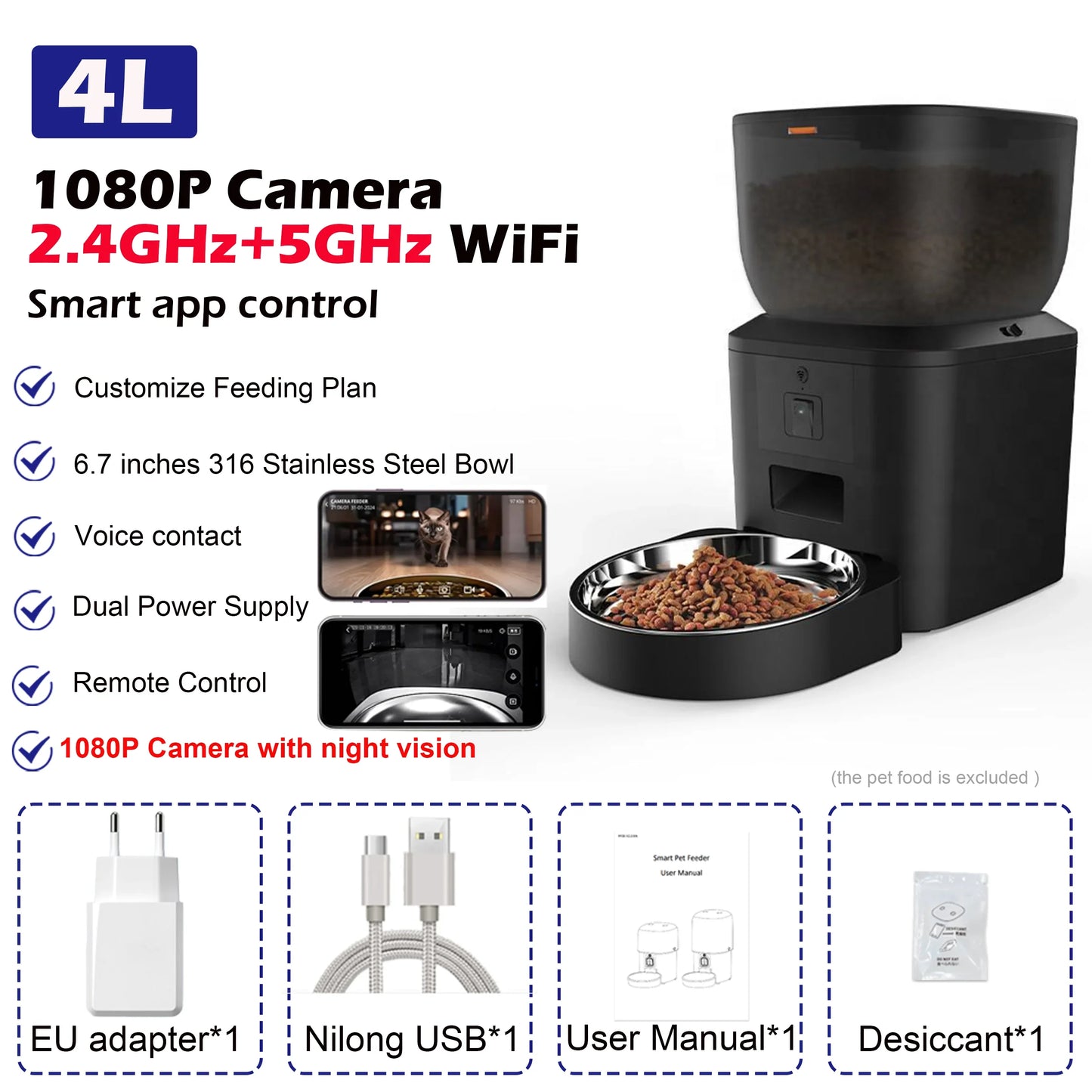 Smart 4L Automatic Pet Feeder with 1080P Camera & Night Vision, App-Controlled Voice Recorder Remote Feeding for Cats & Dogs