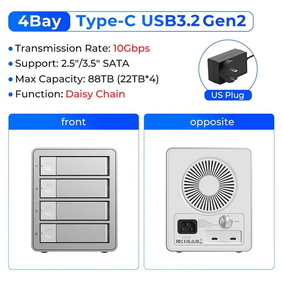 5-Bay 10Gbps SATA HDD & SSD Docking Station, 2.5"/3.5" USB 3.2 Gen2 Type-C Enclosure with Daisy Chain & 150W Power