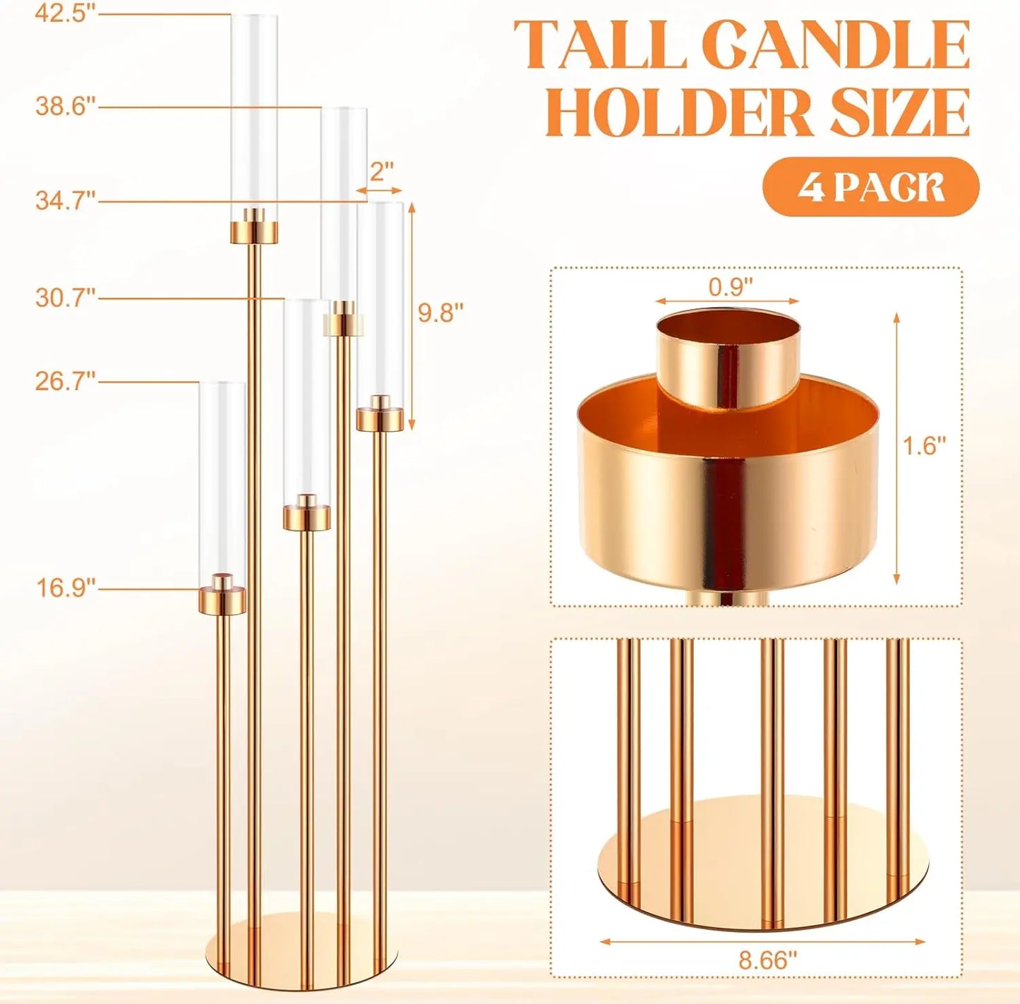 5-Arm Floor Candelabra 42.5 in (108 cm) Gold Metal Candle Holder Centerpiece with Removable Acrylic Shades