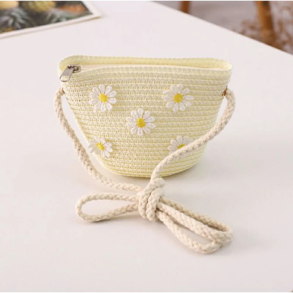 Kids Mini Woven Natural Straw Crossbody Bag for Girls Cute Shoulder Purse