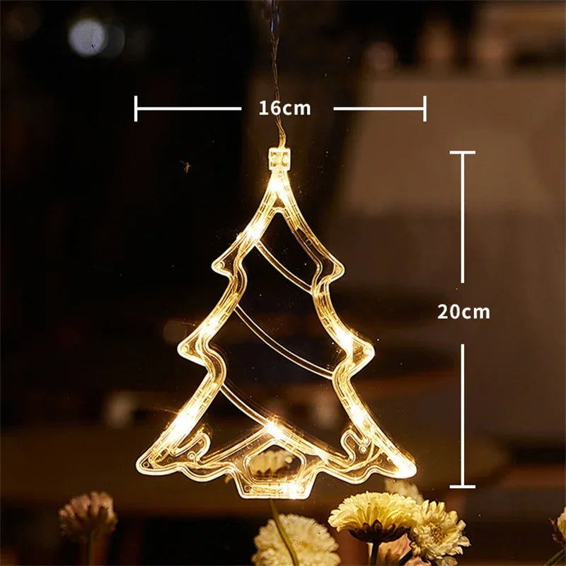 Battery-Operated Christmas LED Snowflake & Santa Hanging Window Ornaments – Warm White Holiday Decor