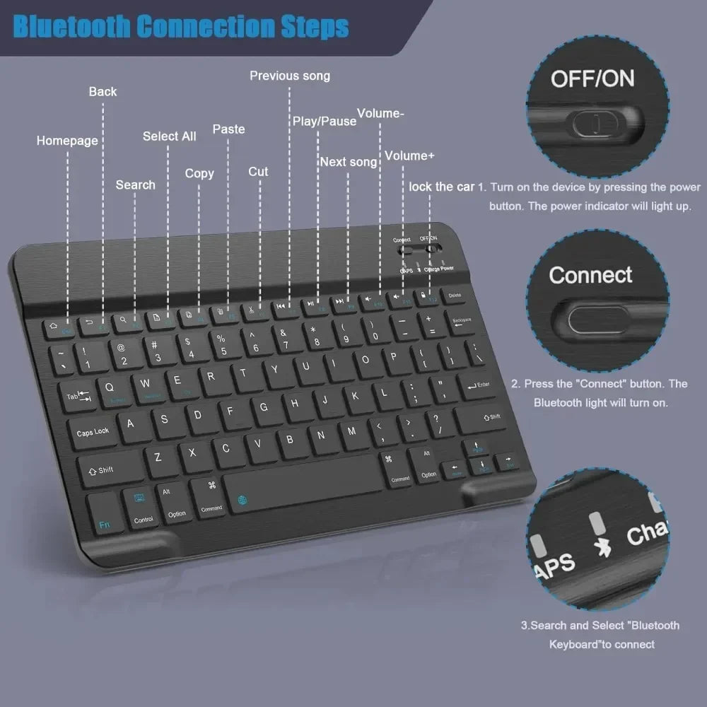 Bluetooth Compact 59-Key Wireless Keyboard for iPad Air/Pro/Mini & Tablets – Rechargeable, Micro USB, 7–13 Inch (17.8–33 cm) Compatible