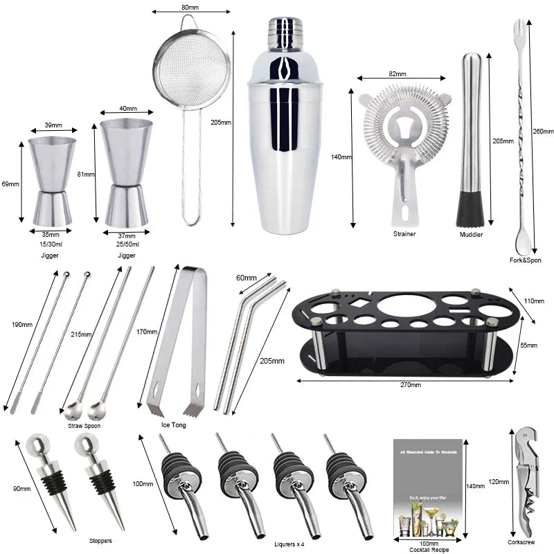 13-22 Pc Boston Cocktail Bar Tool Set – Stainless Steel Shakers 750ml/600ml with Acrylic Holder