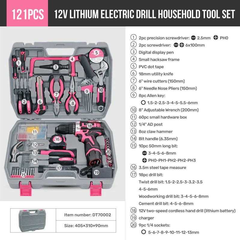 Pink Cordless Electric Screwdriver & Home Repair Tool Kit - Complete Set with Drill Bits, Hammer & Carry Case