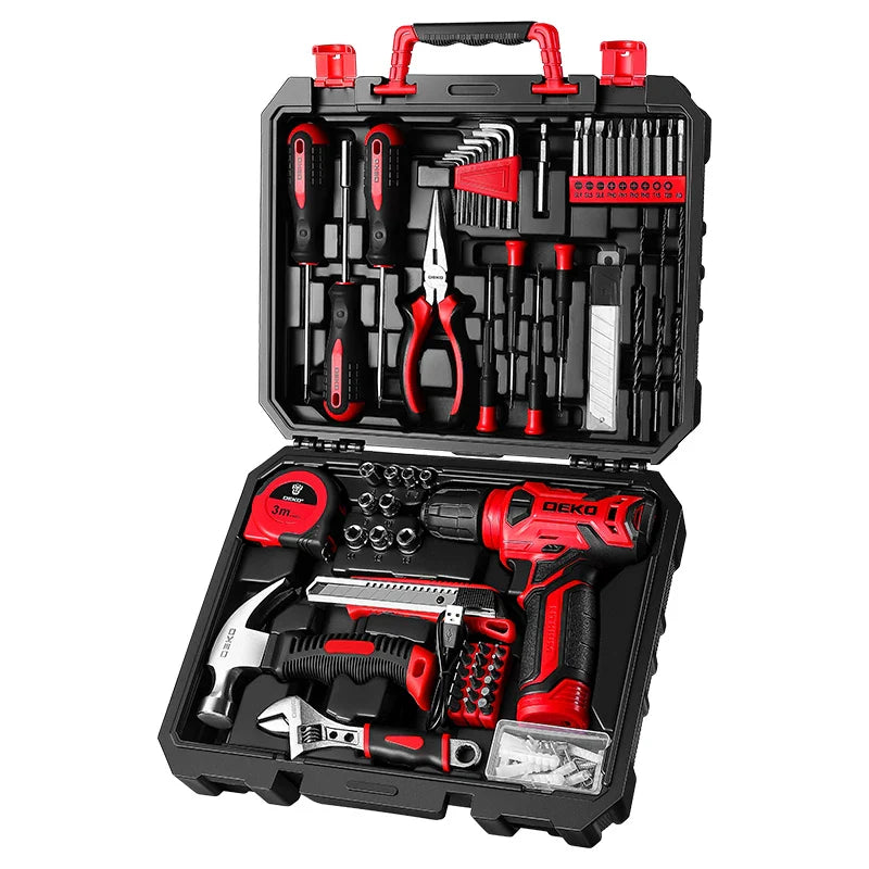 126-Piece 8V Cordless Drill Tool Kit – Lightweight Red Home DIY Set with Drill Bits & Hand Tools