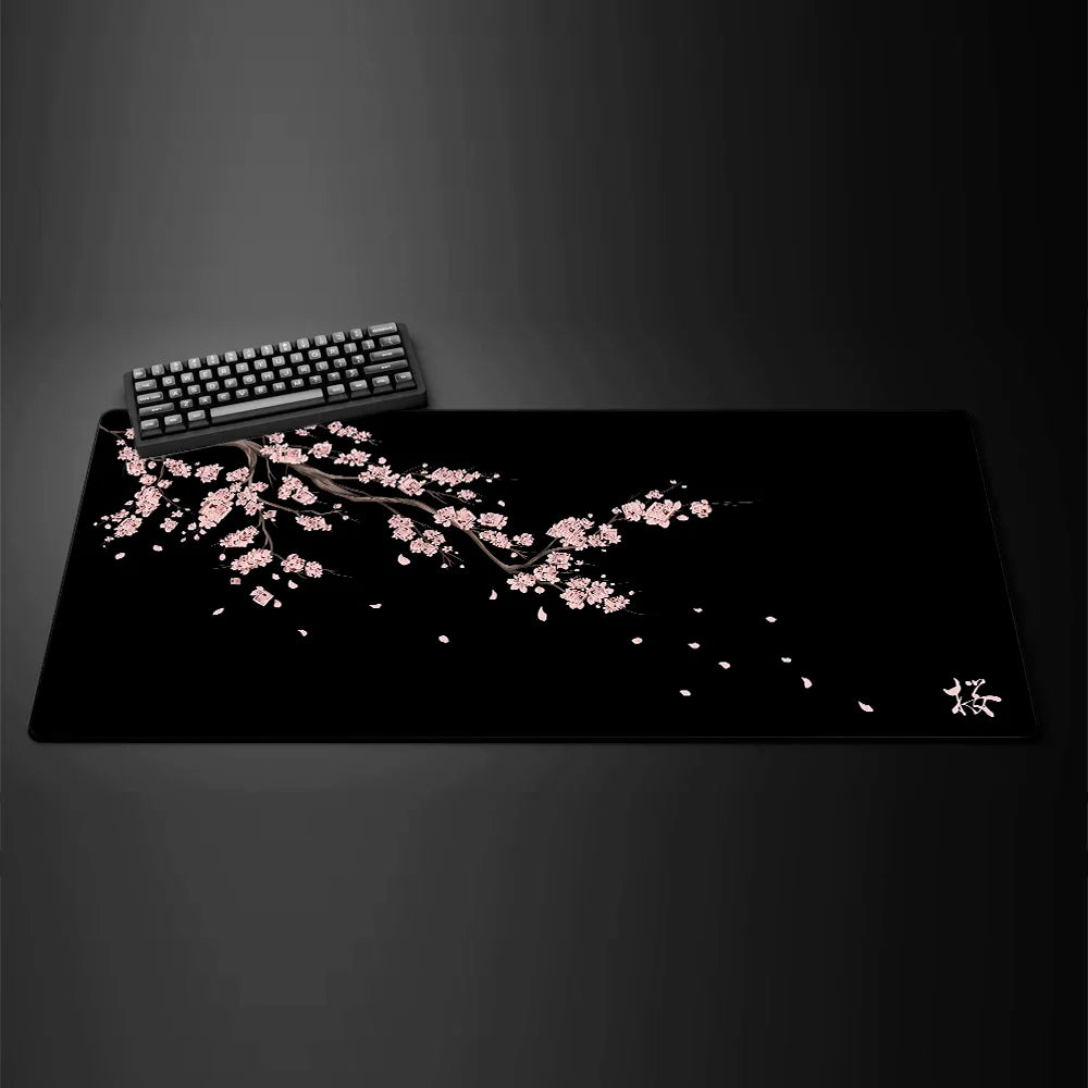 Black Sakura Cherry Blossom Gaming Mouse Pad — Kawaii Purple Large Non-Slip Desk Mat
