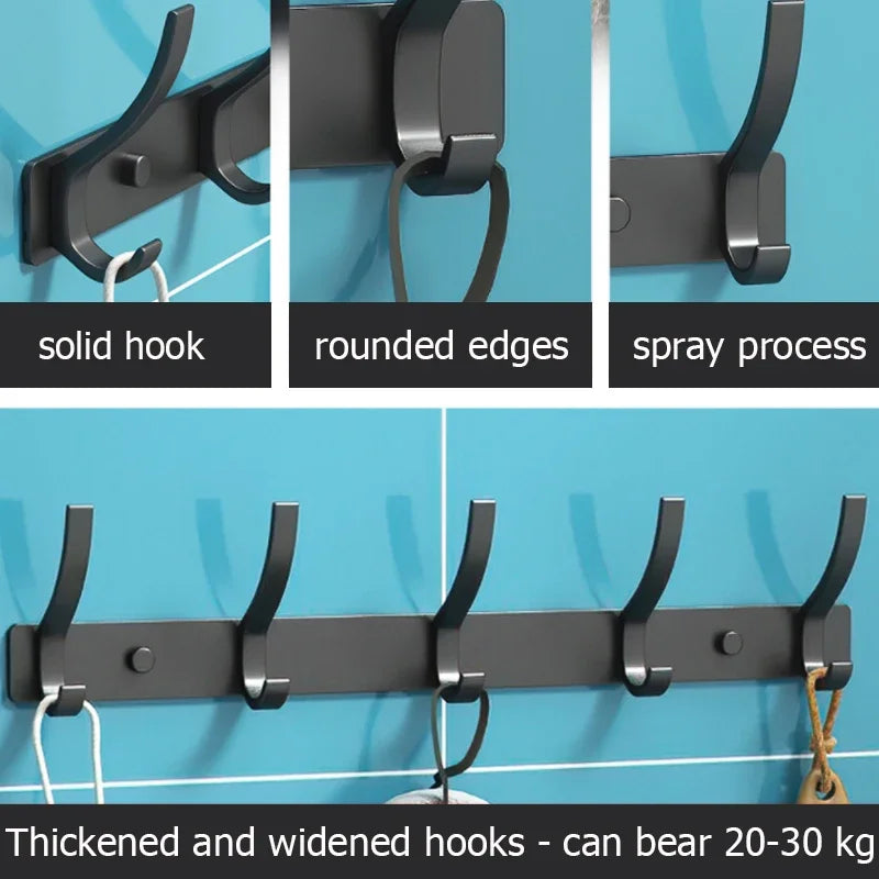 6-Peg Folding Wall Hooks – Aluminum Nail-Mount Towel & Coat Rack, Black/White