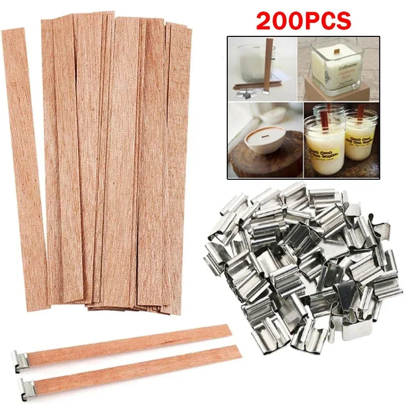 Flat Wooden Candle Wicks with Iron Stand and Base Holder – Wooden Wick Cores for DIY Candle Making