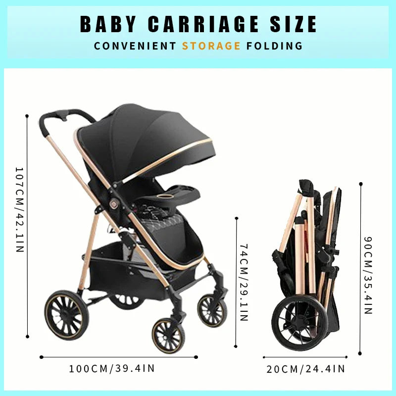 3-in-1 Luxury Baby Stroller Foldable Portable Travel Stroller with Aluminum Frame Reversible Lay-Flat Seat for Newborn