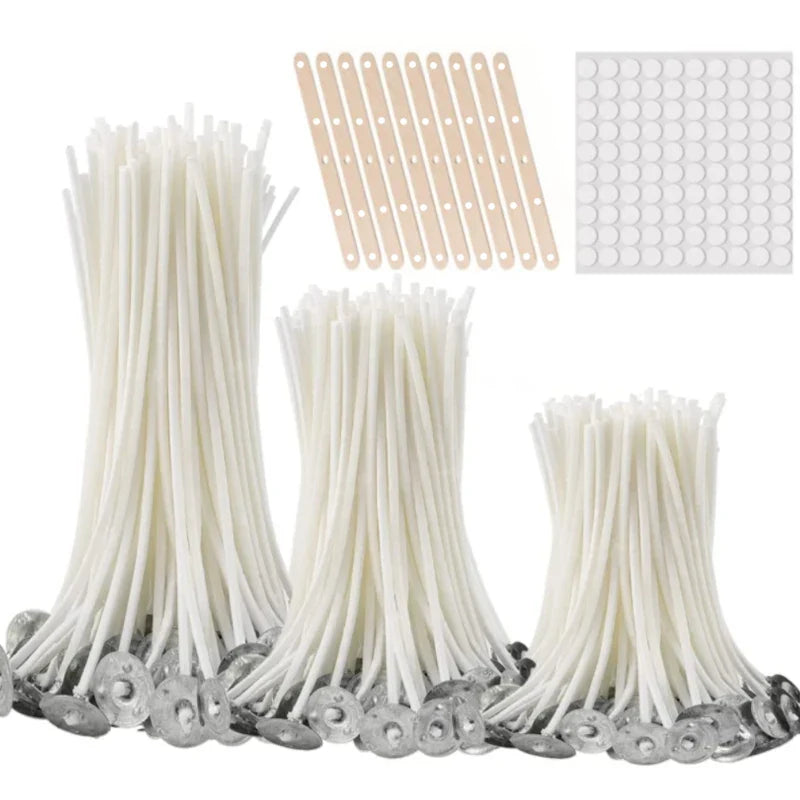 100-Pack Pre-Waxed Cotton Candle Wicks with Metal Sustainer Tabs — 2.5–20 cm (1–7.9 in) Smokeless DIY Candle Making